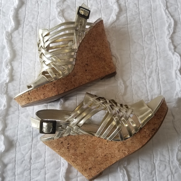 Nine West Gold Cork Wedge Sandals 10M EUC - Picture 1 of 15